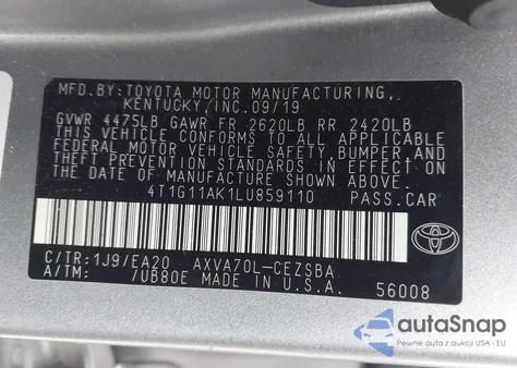 2020 Toyota Camry Se from USA, damaged, VIN 4T1G11AK1LU859110